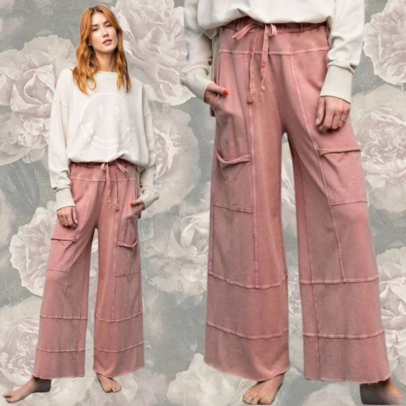 EASEL "Perfect Cargo" Terry Knit Mineral Washed Flared Leg Pants Raw Hem & Seams - Picture 13 of 14